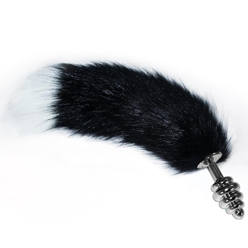Metal Spiral Butt Plug with Black and White Fox Tail